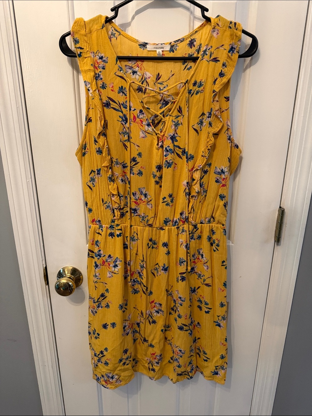 Maurices Mustard Yellow Floral Lace-Up Ruffle Mini Dress